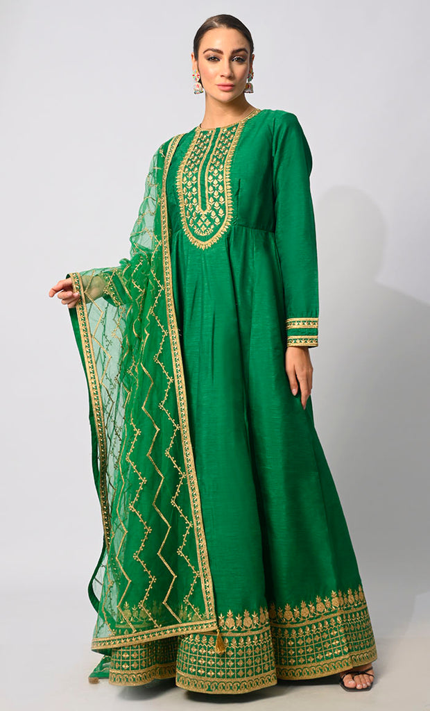 women wearing Imperial Intricacy: Exquisite Green 2-Piece Heavy Zari Work Anarkali and Dupatta Ensemble