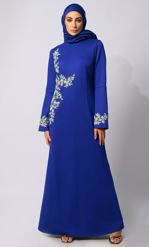 women wearing Pearls of Elegance: Stone Handwork Blue Abaya with Belt and Hijab