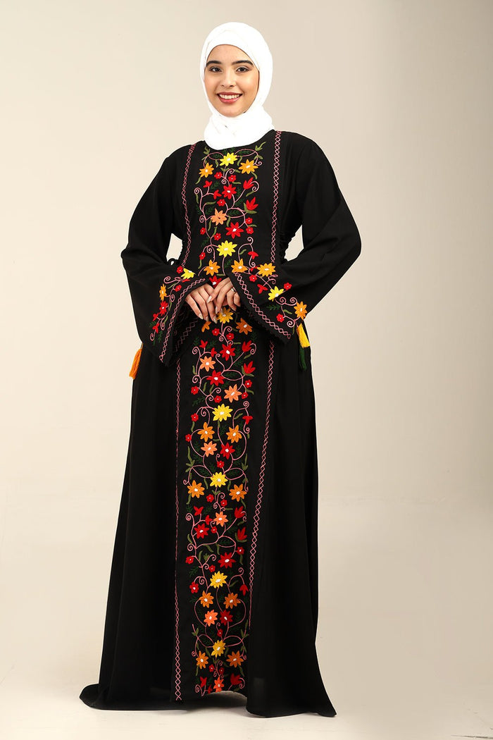 A-Line Floral Embroidered Abaya Dress with Tassel Waist Detail
