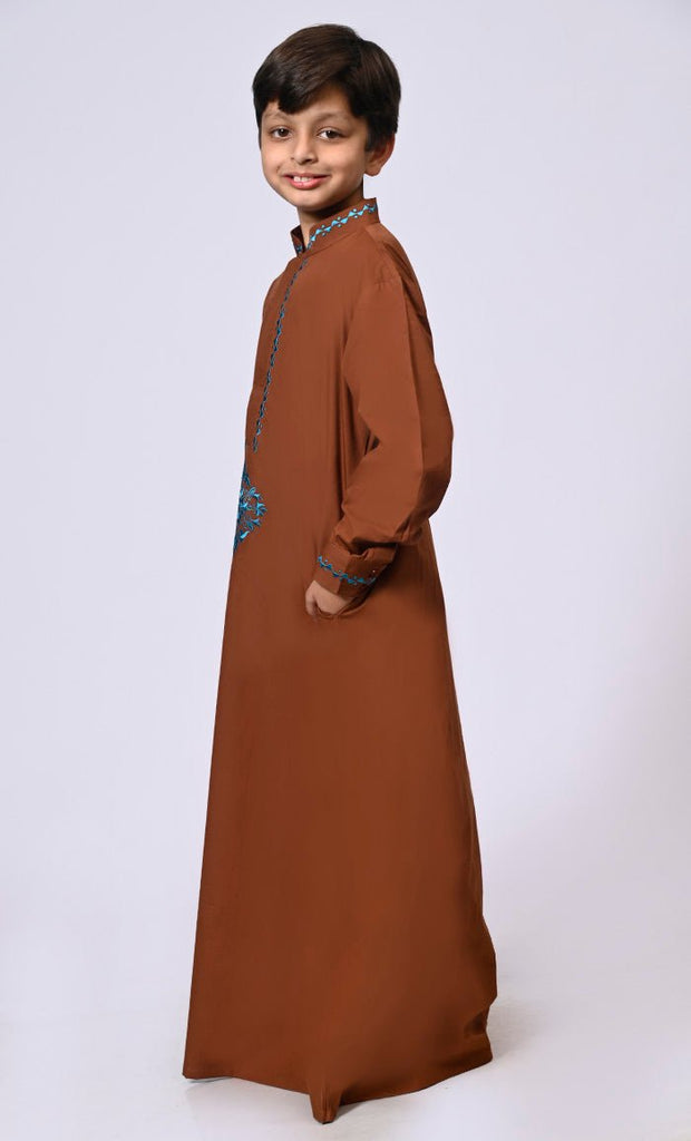 Artisanal Embroidery: Boy's Brown Embroidered Thobe With Pockets - EastEssence.com