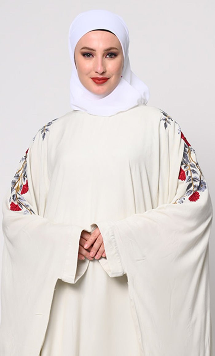 Beautiful Floral Embroiderd Ivory Kaftan with Pockets - EastEssence.com