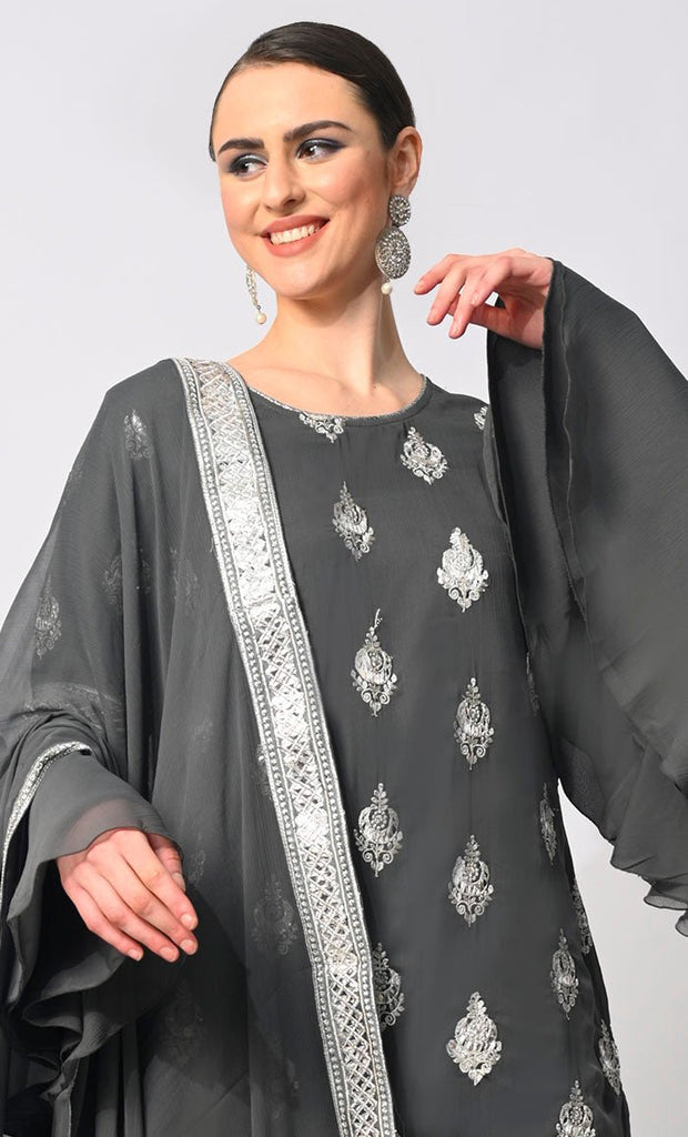 Belle of the Eid: 3 Pc Grey Garara Set with Dupatta and Bell Sleeves - EastEssence.com