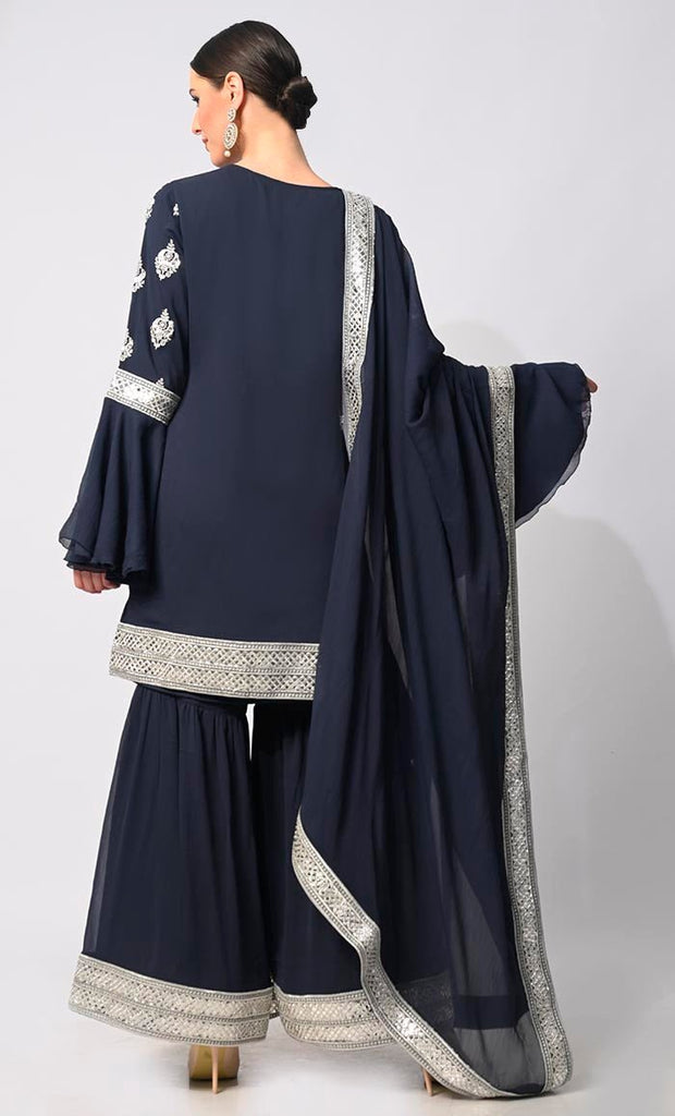 Belle of the Eid: 3 Pc Navy Garara Set with Dupatta and Bell Sleeves - EastEssence.com
