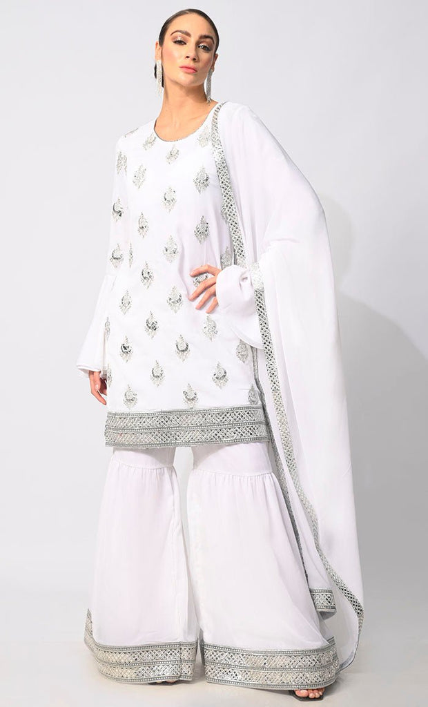 Belle of the Eid: 3 Pc White Garara Set with Dupatta and Bell Sleeves - EastEssence.com