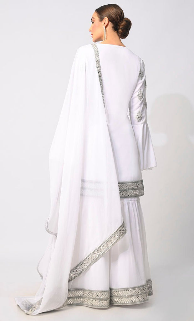 Belle of the Eid: 3 Pc White Garara Set with Dupatta and Bell Sleeves - EastEssence.com