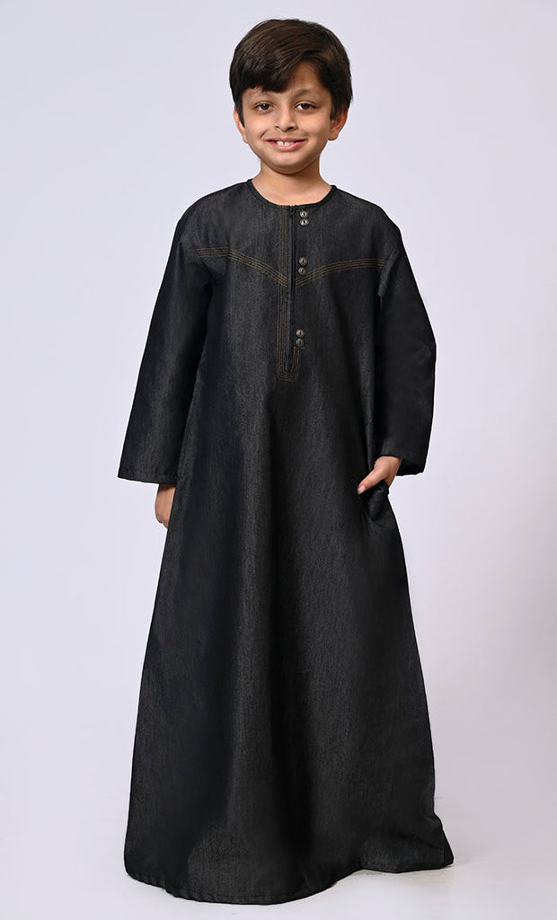 Boy's Black Denim Thobe With Show Buttons and Pockets - EastEssence.com