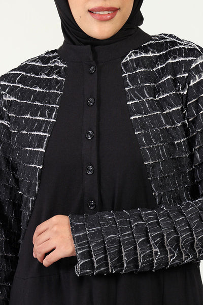 Chic Cotton Jersey Flared Abaya with Contrast Frill Detailing - Black - Final Sale - EastEssence.com