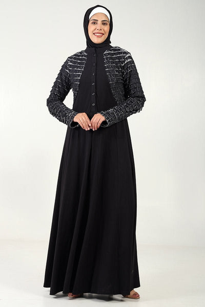 Chic Cotton Jersey Flared Abaya with Contrast Frill Detailing - Black - Final Sale - EastEssence.com