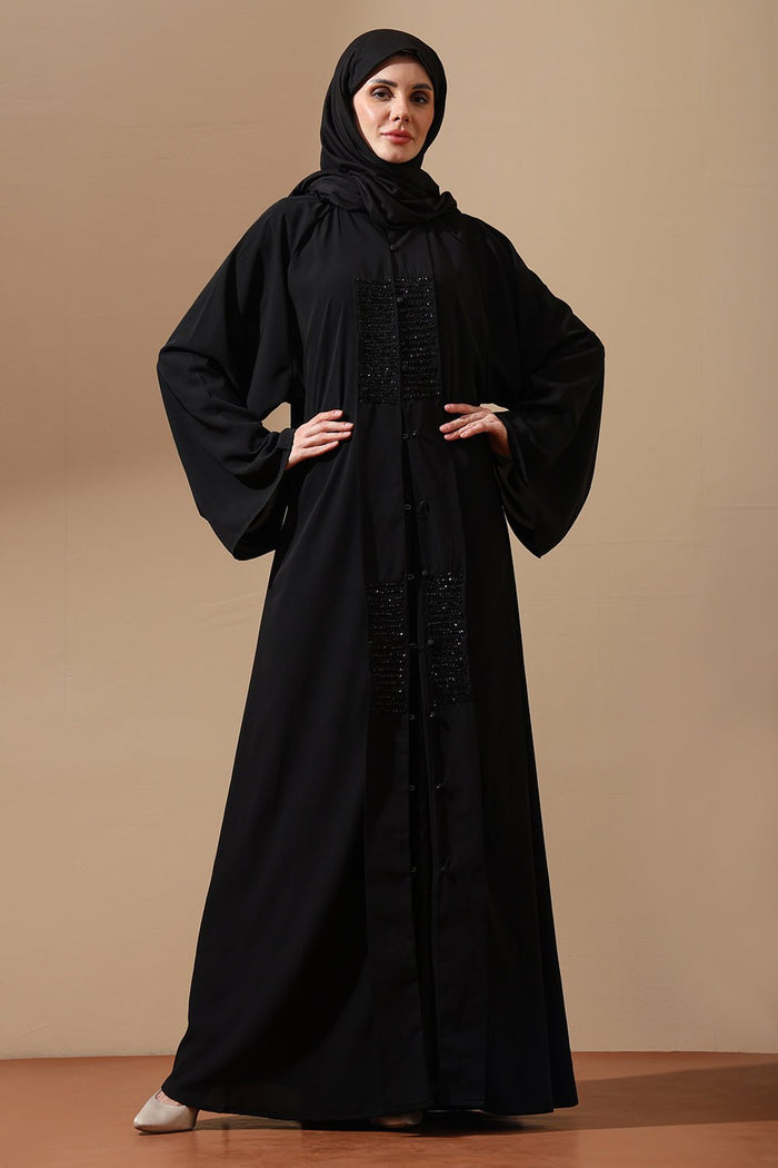 Classic Black Front-Open Abaya with sequin detailing