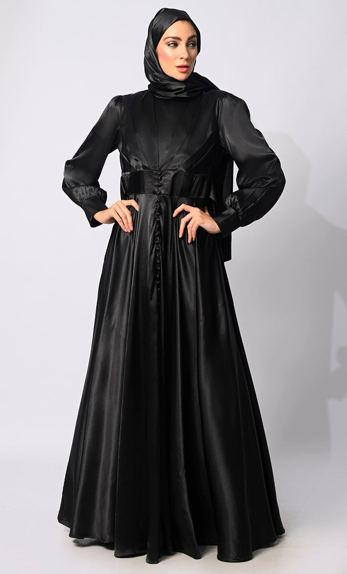Black Satin Flared Abaya with decorative buttons