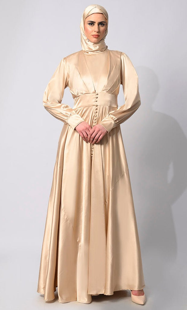 Contemporary Couture: Golden Satin Flared Abaya with front Pleating and show Buttons - EastEssence.com