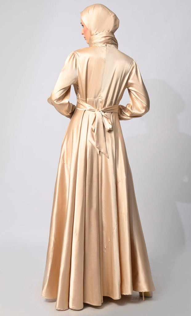 Contemporary Couture: Golden Satin Flared Abaya with front Pleating and show Buttons - EastEssence.com