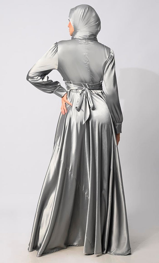 Contemporary Couture: Grey Satin Flared Abaya with front Pleating and show Buttons - EastEssence.com
