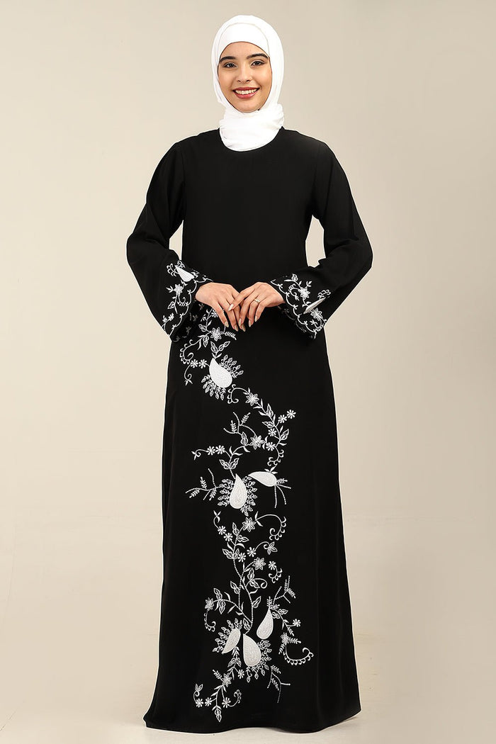 Contrast Embroidered Firdous bell sleeves Abaya