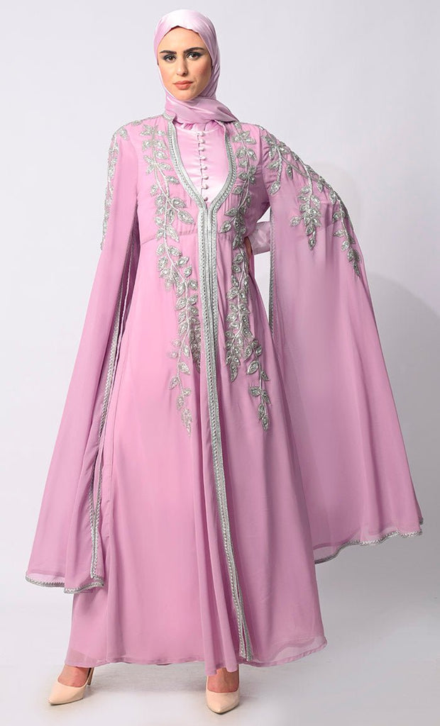 Crafted Couture: Discover Opulent Handwork Lavendar Abaya with Batwing Sleeves - EastEssence.com