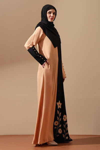 Dual - Tone Beige & Black Floral Embroidered Abaya - EastEssence.com