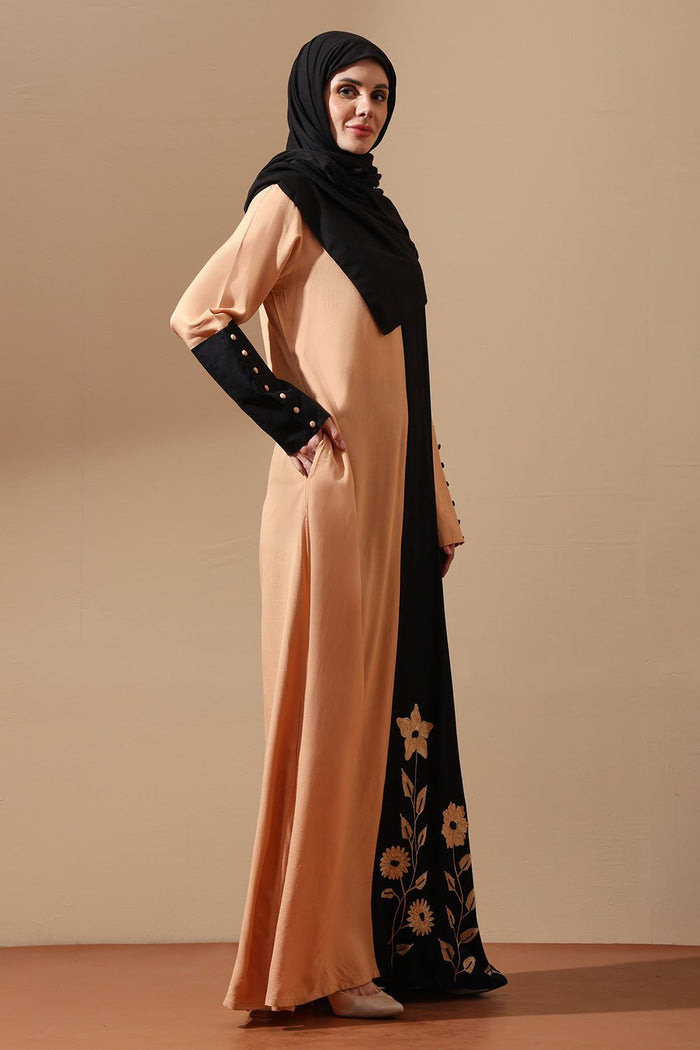 Dual - Tone Beige & Black Floral Embroidered Abaya - EastEssence.com