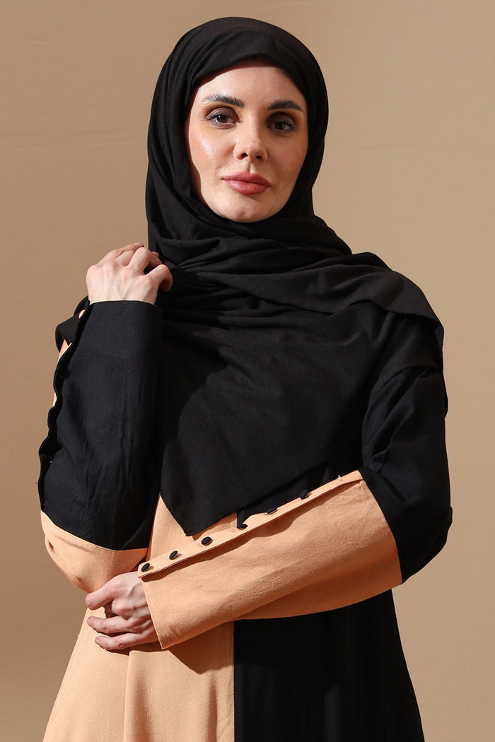Dual - Tone Beige & Black Floral Embroidered Abaya - EastEssence.com