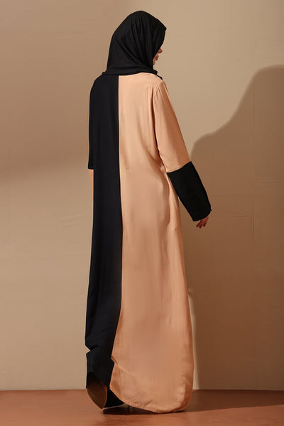 Dual - Tone Beige & Black Floral Embroidered Abaya - EastEssence.com