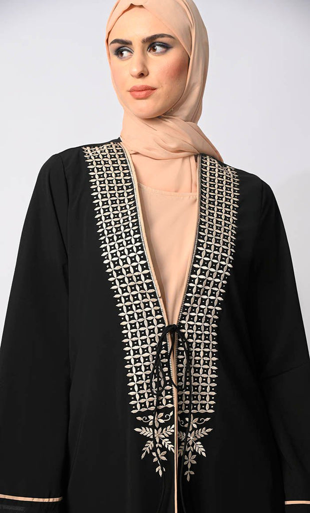 Effortless Sophistication: Front Tied Embroidered Black Shrug with Lining - EastEssence.com