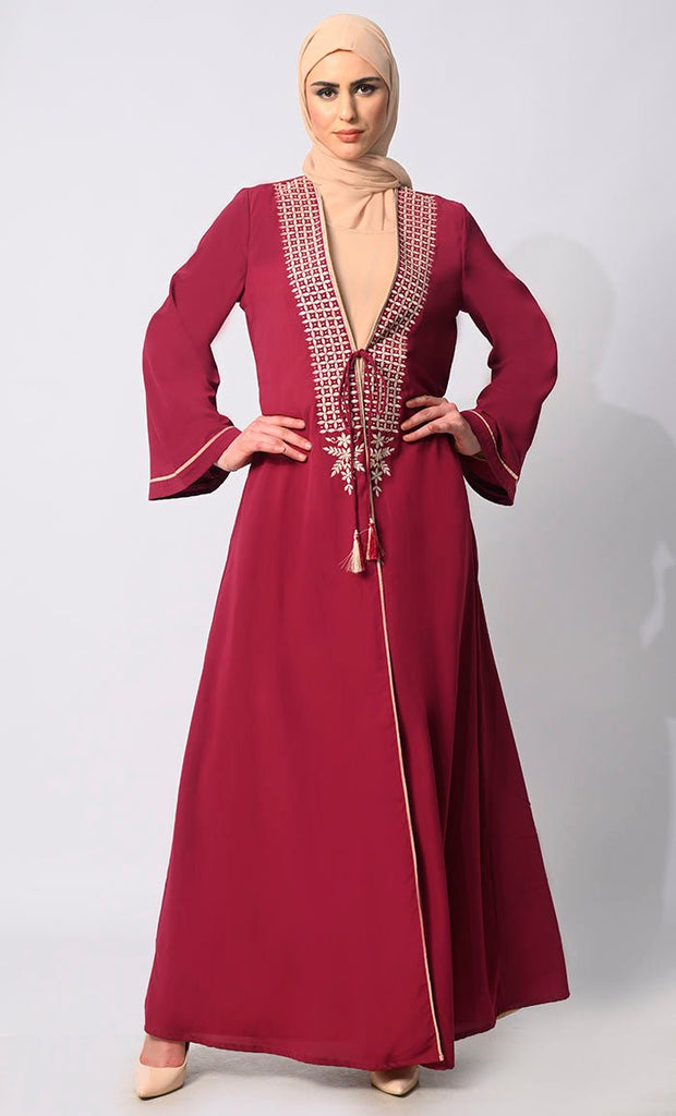 Effortless Sophistication: Front Tied Embroidered Maroon Shrug with Lining - EastEssence.com