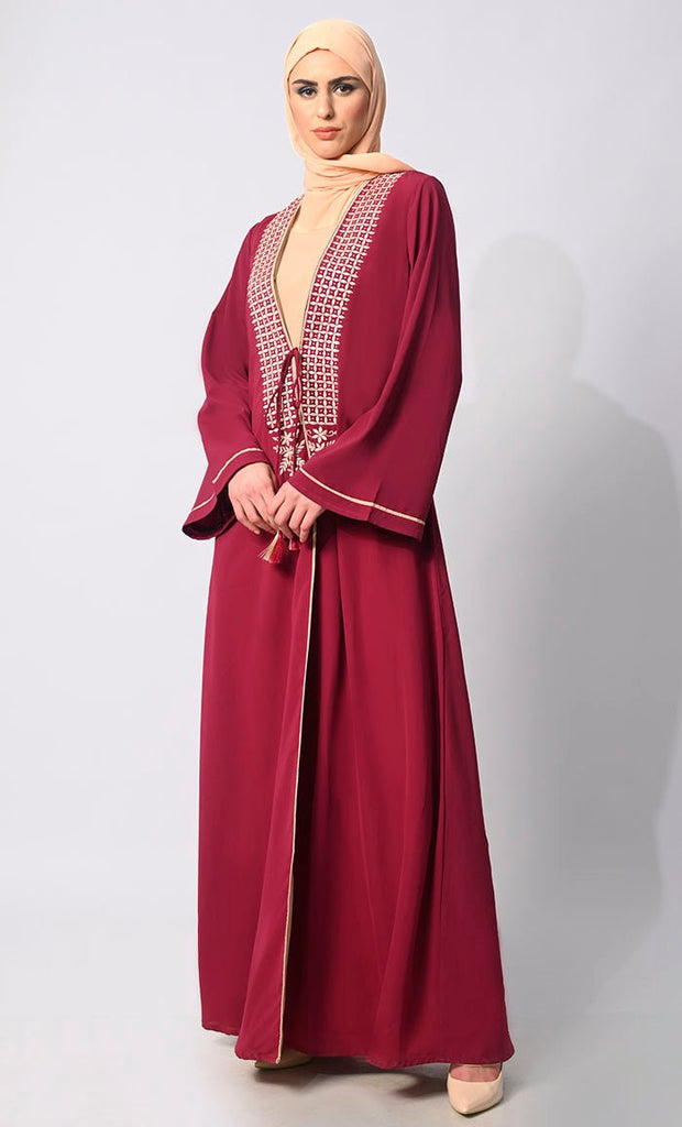Effortless Sophistication: Front Tied Embroidered Maroon Shrug with Lining - EastEssence.com