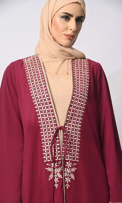 Effortless Sophistication: Front Tied Embroidered Maroon Shrug with Lining - EastEssence.com