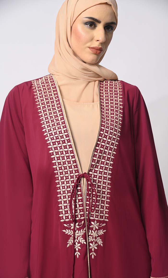 Effortless Sophistication: Front Tied Embroidered Maroon Shrug with Lining - EastEssence.com