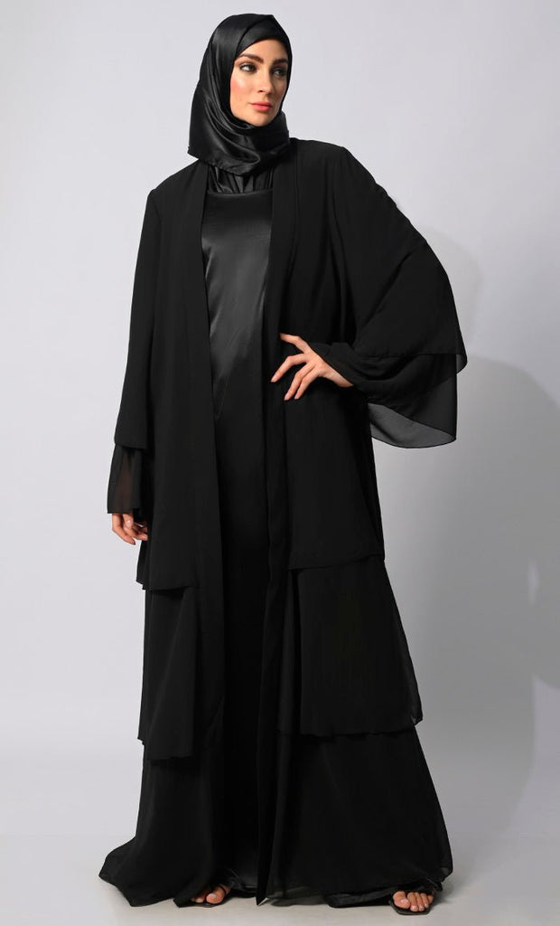 Elegance in Layers: Black Tiered Shrug with Satin Lining - EastEssence.com