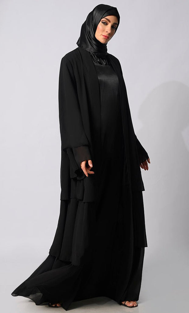 Elegance in Layers: Black Tiered Shrug with Satin Lining - EastEssence.com