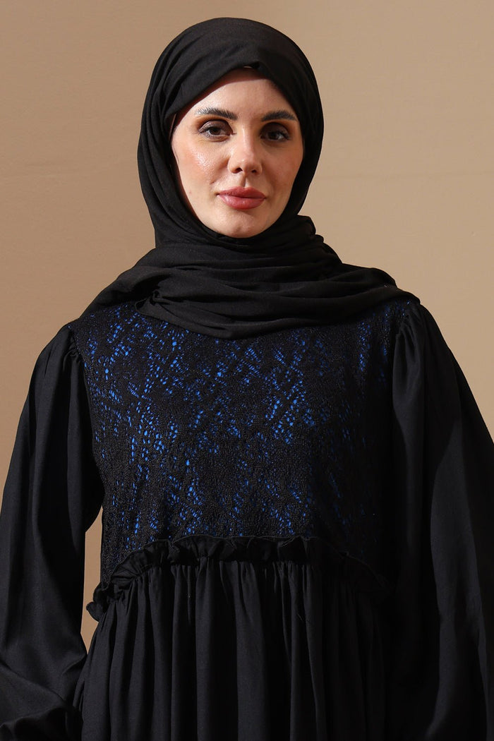 Elegant Black Abaya with Blue Embroidered Bodice - EastEssence.com