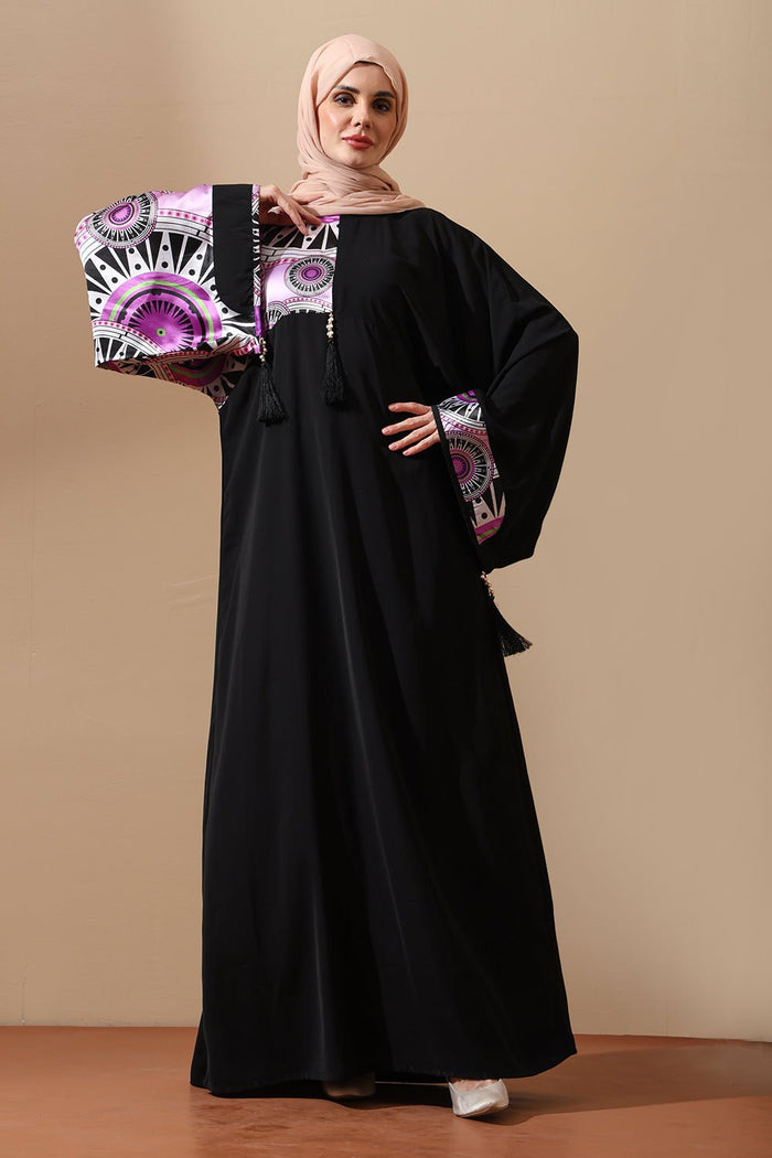 Elegant Black Modest Abaya with Multicolor print yoke
