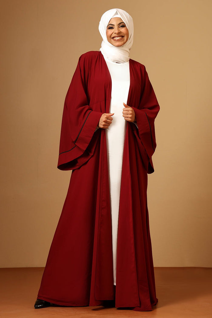 Elegant Flowing Maroon Firdous Mahram bell Sleeve 2 Pc set Abaya with Inner