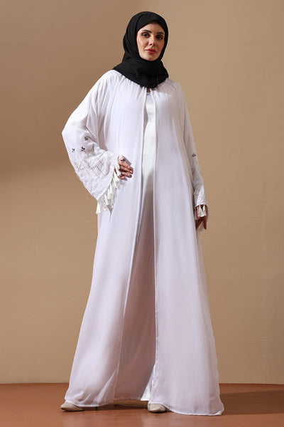 Elegant White Abaya with Embroidered Tassel Sleeves - EastEssence.com