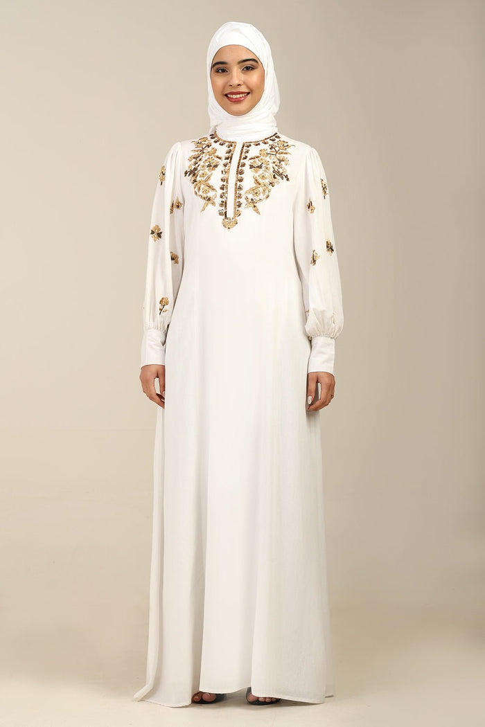 Embroidered Linen A-Line Abaya with Puffed Sleeves