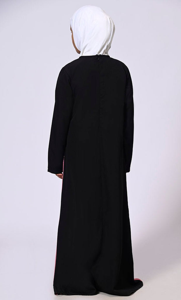 Girl's Pink Abaya with Inverted Box Pleat and Contrasting Yoke Panel - EastEssence.com