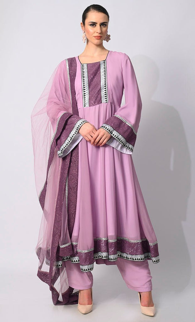 Graceful Glamour: 3 Pc Lavendar Anarkali Set with Intricate Foil Print and Lace Detailing - EastEssence.com