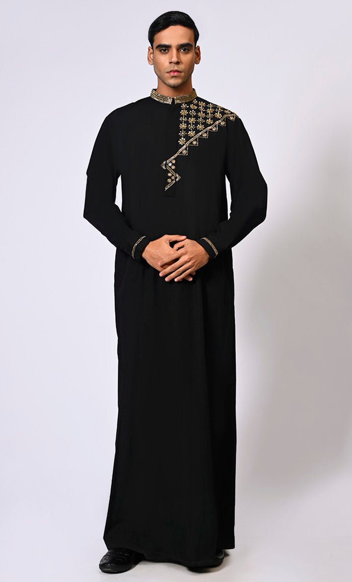 Handcrafted Elegance: Traditional Men's Black Thobe with Intricate Details - Final Sale - EastEssence.com