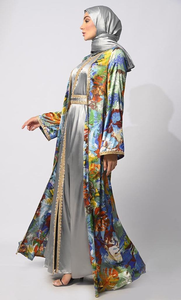 Luxurious Layers: Women's Printed Satin Shrug with Lining and Belt - EastEssence.com