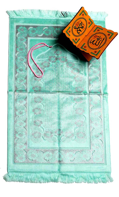 Luxury Islamic Gift Set ·Prayer Rug, Wooden Rehal & Tasbeeh - Aqua - EastEssence.com