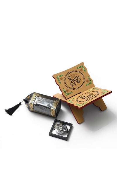 Luxury Islamic Gift Set ·Prayer Rug, Wooden Rehal & Tasbeeh - Black - EastEssence.com