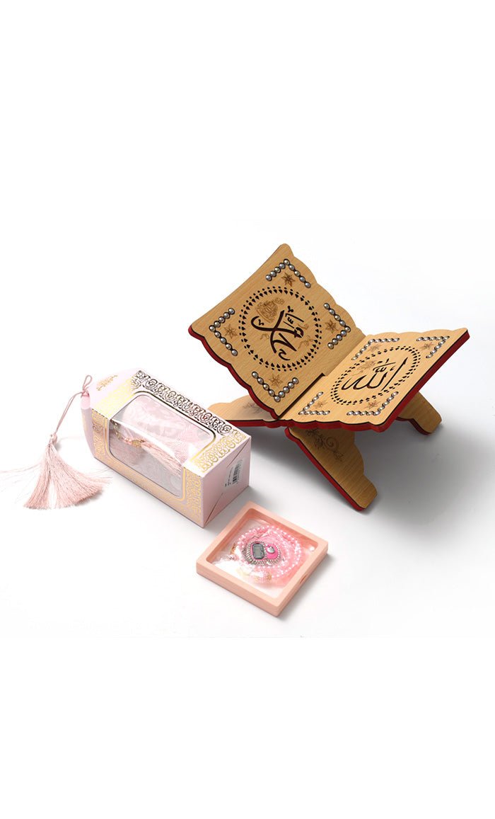 Luxury Islamic Gift Set ·Prayer Rug, Wooden Rehal & Tasbeeh - Pink - EastEssence.com
