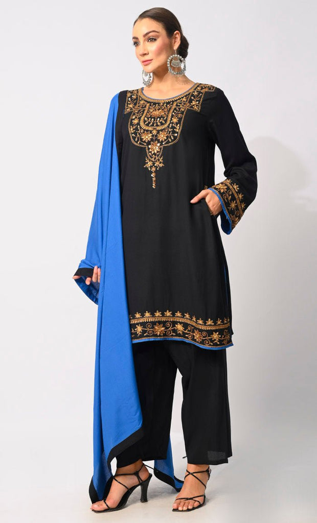 Modern Tradition: Machine Embroidered 3 Pc Black Salwar Kameez with Classic Handwork - EastEssence.com