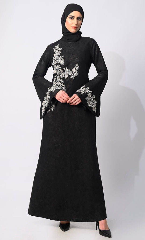 Pearls of Elegance: Stone Handwork Black Abaya with Belt and Hijab - EastEssence.com