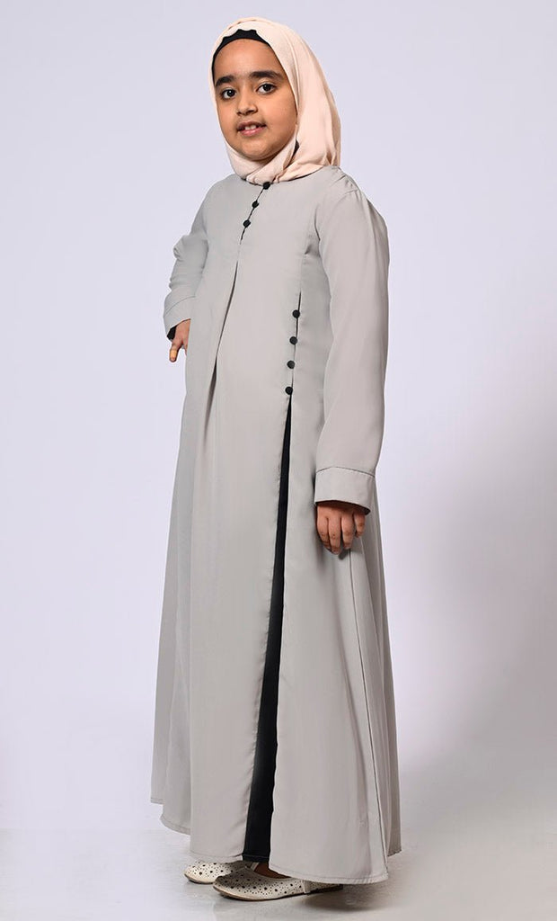Pleated Perfection: Girl's Grey Abaya with buttons detailing & Side Pockets - EastEssence.com