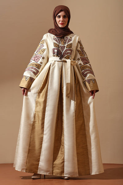 Regal Embroidered Silk Abaya in Ivory & Gold with Tribal Motif - EastEssence.com