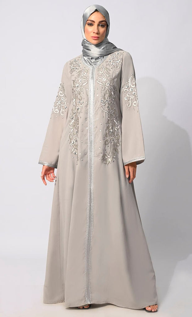 Regal Reverence: Women's Grey Machine Embroidered and Handcrafted Abaya With Hijab - EastEssence.com