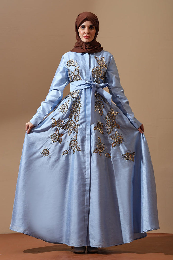 Sky Blue Embellished Flared Abaya with Floral Embroidery