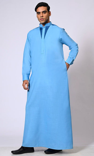Sky Blue Men's Thobe with Satin Stitch Embroidery and Pockets - Final Sale - EastEssence.com