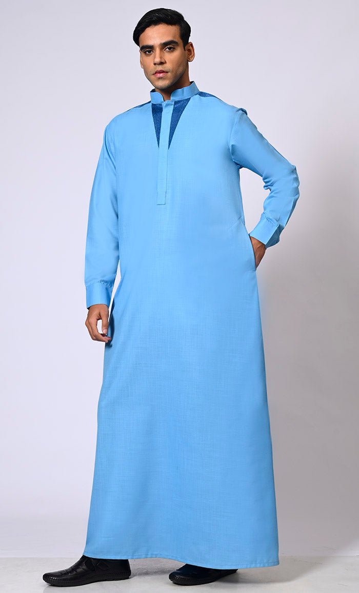 Sky Blue Men's Thobe with Satin Stitch Embroidery and Pockets - Final Sale - EastEssence.com